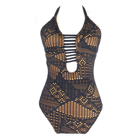 NEW!! Mossimo SIZE S Lace Crochet Overlay Halter One Piece Swimsuit Black Cute - Picture 12 of 12